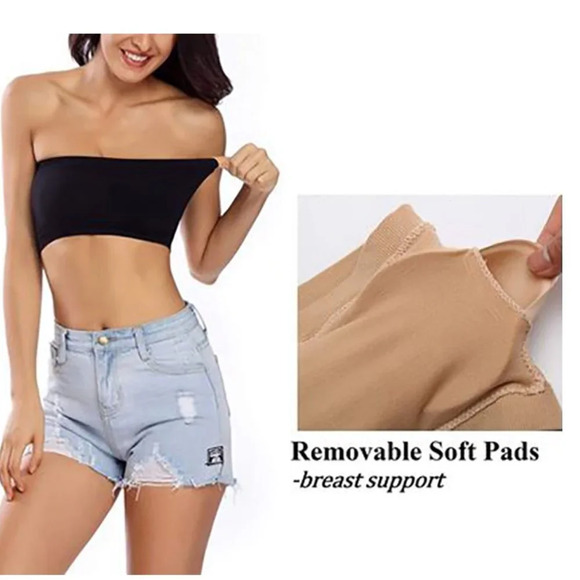 3pcs SET Strapless Bandeau Padded Tube Top Bra Stretch Non-slip Tan Nude - Picture 2 of 8